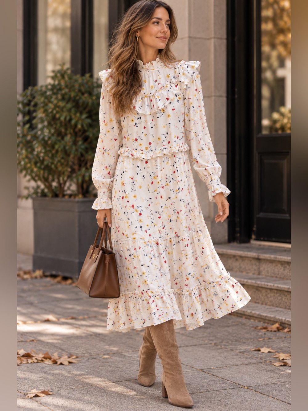 GANNI Floral Ruffle Cotton Midi Dress Size 38 US 6